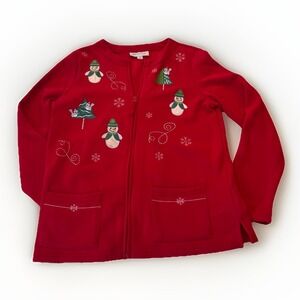 Breckenridge Women's Full Zip Top Medium Red Snowman Christmas Embroidery